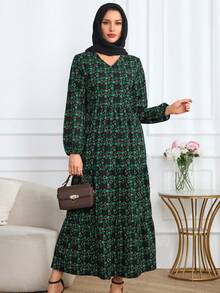 Spring Women's Floral Print Bohemian Style Long-Sleeved Maxi Dress. 2025 New Year Fashion Loose Autumn Black And Green Dress, Belled Summer Vacation Casual Dress, Elegant Party Beach Graduation Fashionable Evening Valentine's Day Dress.