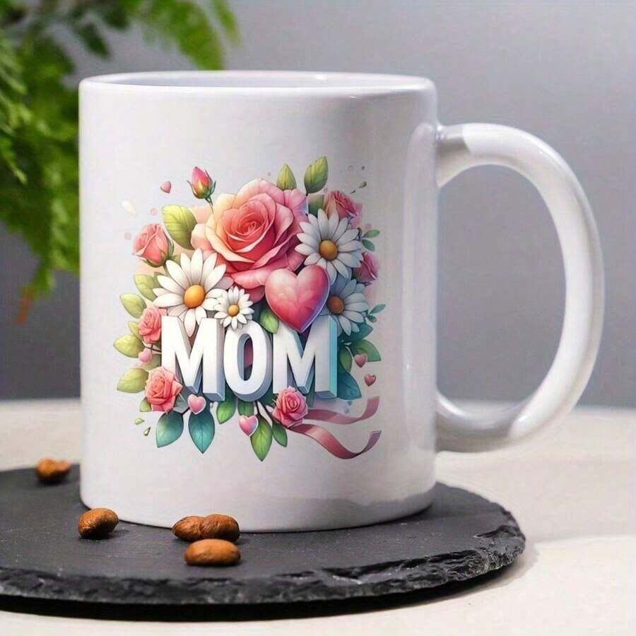1pc, 11oz, Coffee Mug, Mom, Warm And Lovely Floral Pattern Coffee Mug, Ceramic Mug, Thank You Mug, Decorative Thanksgiving/ Birthday/ Mother'S Day Women, Mom, Mother, Grandma, From Son/ Daughter - White - View 1