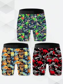 Pacote com três shorts masculinos com estampa de dinossauro, feitos de poliéster elástico, macios e suaves para a pele, de secagem rápida e respiráveis. Presente de Natal perfeito, com cós elástico, divertidos e fofos para uso doméstico e casual, cuecas boxer masculinas. - Multicolorido - Ver 4