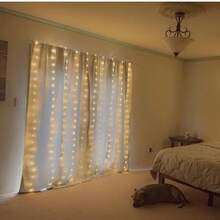 Cortina de luces LED de hadas de 300 luces, 3 m x 3 m, color blanco cálido, con enchufe USB, 8 modos de iluminación, decoración navideña, luces colgantes con control remoto para dormitorio, interior, boda, dormitorio. - Blanco Cálido - Ver 4