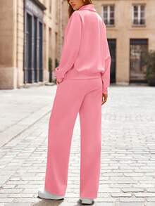 Women's 2 Piece Outfits Casual Lapel Half Zip Sweatshirts And Wide Leg Pants Tracksuit Sets Vacation Spring  Fall Outfits For Women - 粉色 - 查看 2
