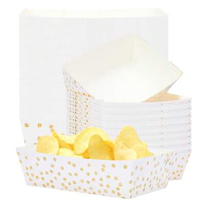 10 Stücke/20 Stücke/50 Stücke weiße und goldene gepunktete Papier Snack Tabletts, weiße goldene Papier Lebensmittel Boote für Süßigkeiten, Snacks, Desserts, Pommes, Popcorn, Serviertabletts und Schüsseln für Geburtstag, Abschluss, Bridal-Shower, Jahrestag, Hochzeitsfeier Zubehör und Dekorationen