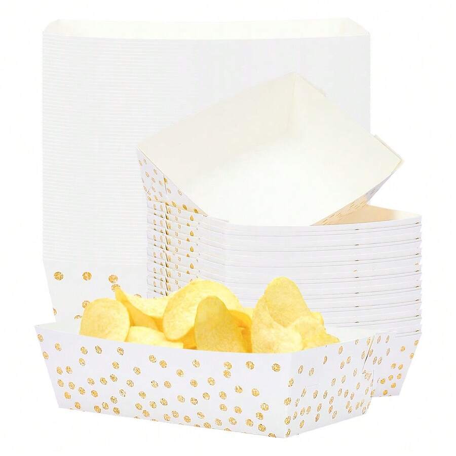 10 cái/20 cái/50 cái Khay đựng đồ ăn nhẹ bằng giấy chấm bi trắng và vàng, Thuyền đựng đồ ăn bằng giấy trắng vàng, Kẹo, Đồ ăn nhẹ, Món tráng miệng, Khoai tây chiên, Bắp rang bơ, Khay đựng, Bát, Đĩa cho Tiệc sinh nhật, Tốt nghiệp, Tiệc chia tay cuộc sống độc thân, Kỷ niệm, Đồ dùng trang trí tiệc cưới - trắng - Xem 1