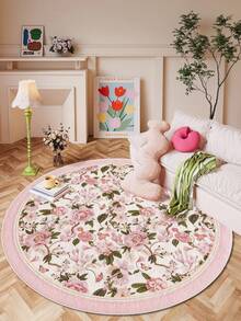 1 Stück rosa runder Wohnzimmerteppich mit gedruckten Blumengruppen, Flaumiges Material mit 10mm Dicke, weich und angenehm anzufühlen, leicht zu pflegen, wasserdicht und fleckabweisend, rutschfeste Rückseite, Teppich geeignet für Lobby, Schlafzimmer, Wohnzimmer, Badezimmer, Küche, Büro, Raumdekoration und Fußmatte, für Feierlichkeiten.