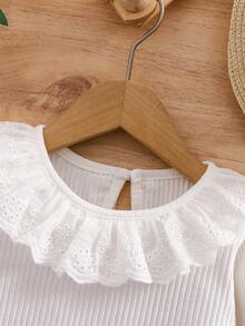 Girls All-Match Round Neck Long Sleeve T-Shirt, Ruffled Collar, Versatile Ribbed Top, Suitable For Casual Autumn Wear - White - View 3