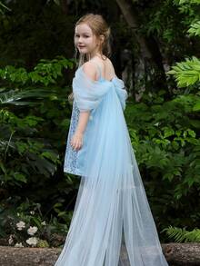 Tween Girl Off-Shoulder Trailing Mesh Sequin Party Dress, Princess Dress Suitable For Birthday Gift, Banquet, Wedding, Bridesmaid, Prom, Party, Holiday Celebration - Baby Blue - View 2