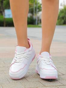 Girls' Lace-Up 4-Wheel PU Roller Skate Shoes, Teenagers Boys/Girls Wheeled Shoes For Spring/Summer Inline Skating