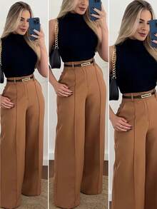 1 chiếc quần dài nữ bằng polyester màu trơn, có cúc cài và túi, khóa kéo, thích hợp cho kỳ nghỉ, công sở, nhà, mặc hàng ngày, du lịch, mọi mùa xuân. - màu nâu - Xem 3