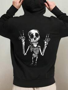 Men's Gothic Hooded Sweatshirt - Oversized Black Hoodie With White Skull & Bone Print, Long Sleeve Casual Pullover For Halloween, Themed Parties & Casual Attire - Machine Washable Polyester Hoodie,Fall Hoodies,Men's Fall Clothes,Street Wear,Halloween,Mens Hoodies,Y2k Clothes,Jesus Hoodie,Thanksgiving Day,Nightmare Before Christmas,Christmas - 黑色 - 查看 1