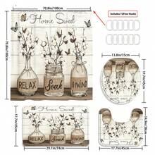 Set de perdele de duș retro cu fluture și sticlă, 1/3/4 buc, accesorii impermeabile și rezistente la uzură, cu 12 cârlige - include husă pentru scaun de toaletă, covorașe de baie și covoare - țesătură din poliester antiderapantă - lavabilă - perfectă pentru decor de sărbători, decor pentru casă/dormitor/casă/vest, decor de Crăciun
