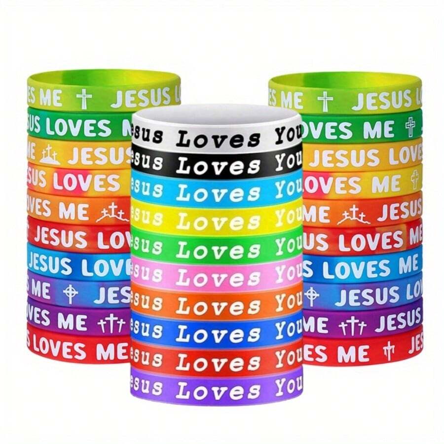 10/30pcs "Jesus Loves You" Silicone Wristbands, Rubber Bracelets, Colorful Silicone Bracelets, Christian Bracelets, Novelty Jewelry Party Favors