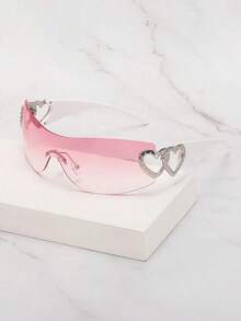 1pc Frameless Metal Heart Decor Y2K Style Fashion Glasses Women, Suitable Beach Party,, Vacation Shades Heart Street Y2k Style Oversized Wrap Frame Music Festival Preppy Style Back To School - 透明粉 - 查看 3