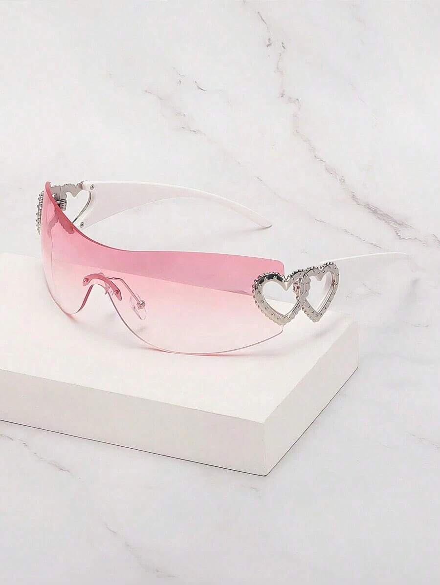 1pc Frameless Metal Heart Decor Y2K Style Fashion Glasses Women, Suitable Beach Party,, Vacation Shades Heart Street Y2k Style Oversized Wrap Frame Music Festival Preppy Style Back To School - Màu Hồng baby - Xem 1
