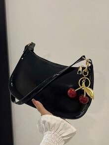 Solid Color Minimalist Zipper Shoulder Bag, Fashionable Crescent-Shaped Bag, Zipper Shoulder Bag, Faux Leather Solid Color Wallet, Burgundy Color Clutch Bag New Year, Fashionable Burgundy Clutch Bag, Small Bag - 黑色 3 - 查看 9