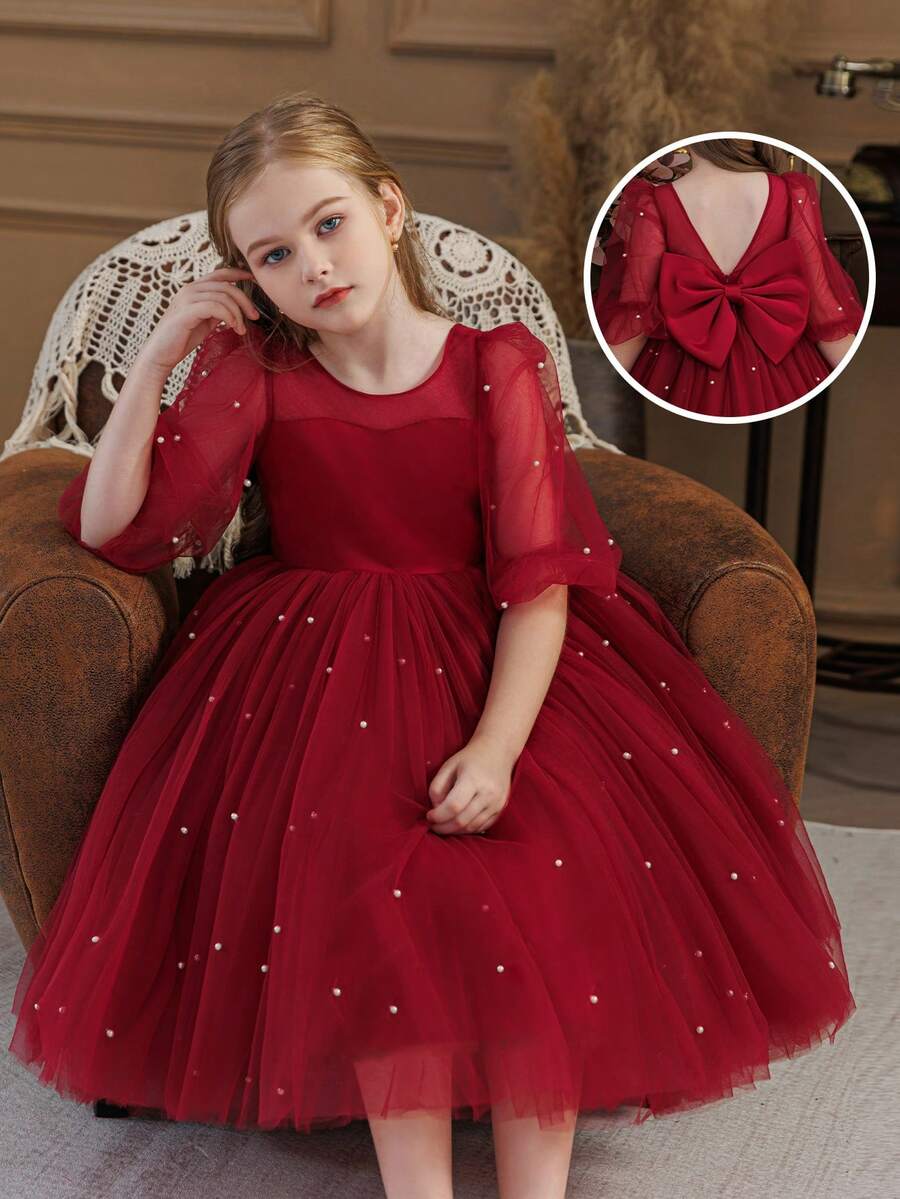 Robe élégante de Noël pour jeune fille, robe de princesse avec décoration de nœud, convient pour les petites filles pour le mariage, la fête, l'anniversaire, le banquet, les occasions formelles