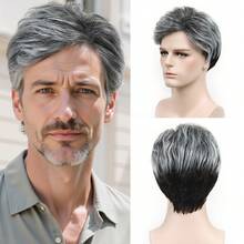 Short Brown Wigs For Men Curly Layered Natural Looking Side Part Hair Heat Resistant Synthetic Wigs With Wig Cap A Greyish-White Men's Wig