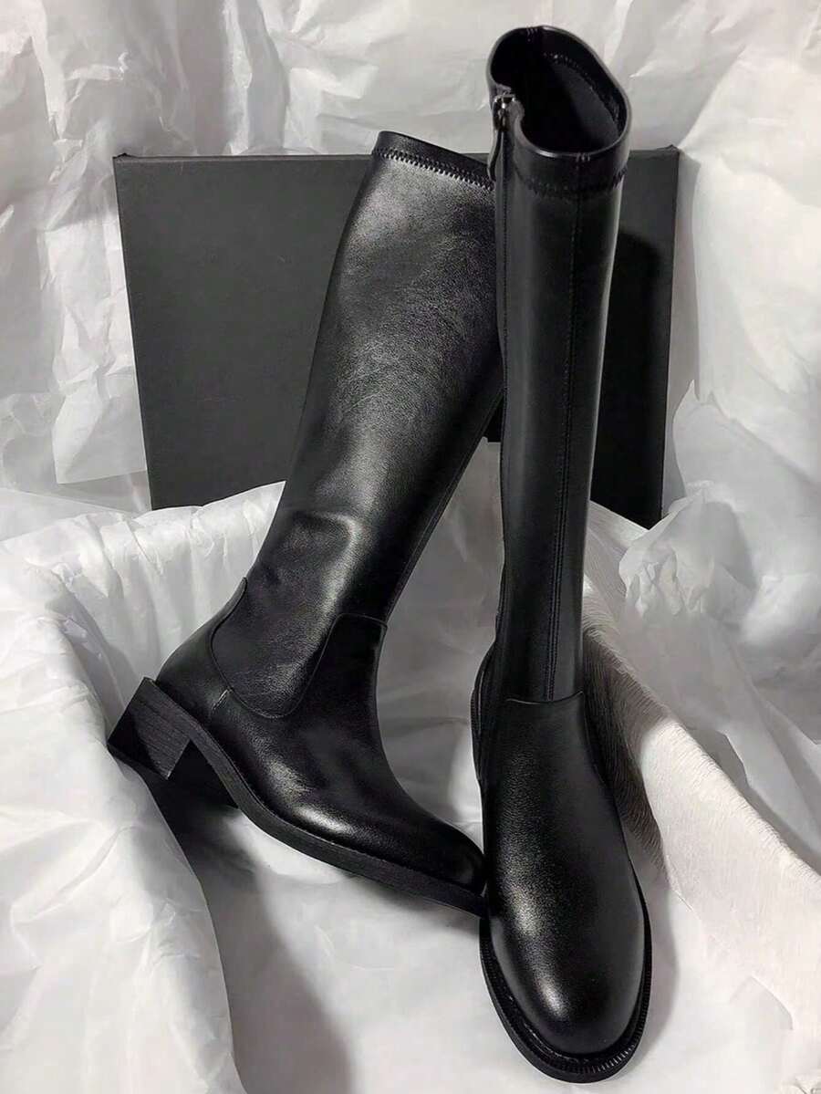 Fall/Winter 2025 New Arrival Leather Tall Elastic Boots, Mid-Heel Versatile Over-The-Knee Thick Sole Riding Boots For Women