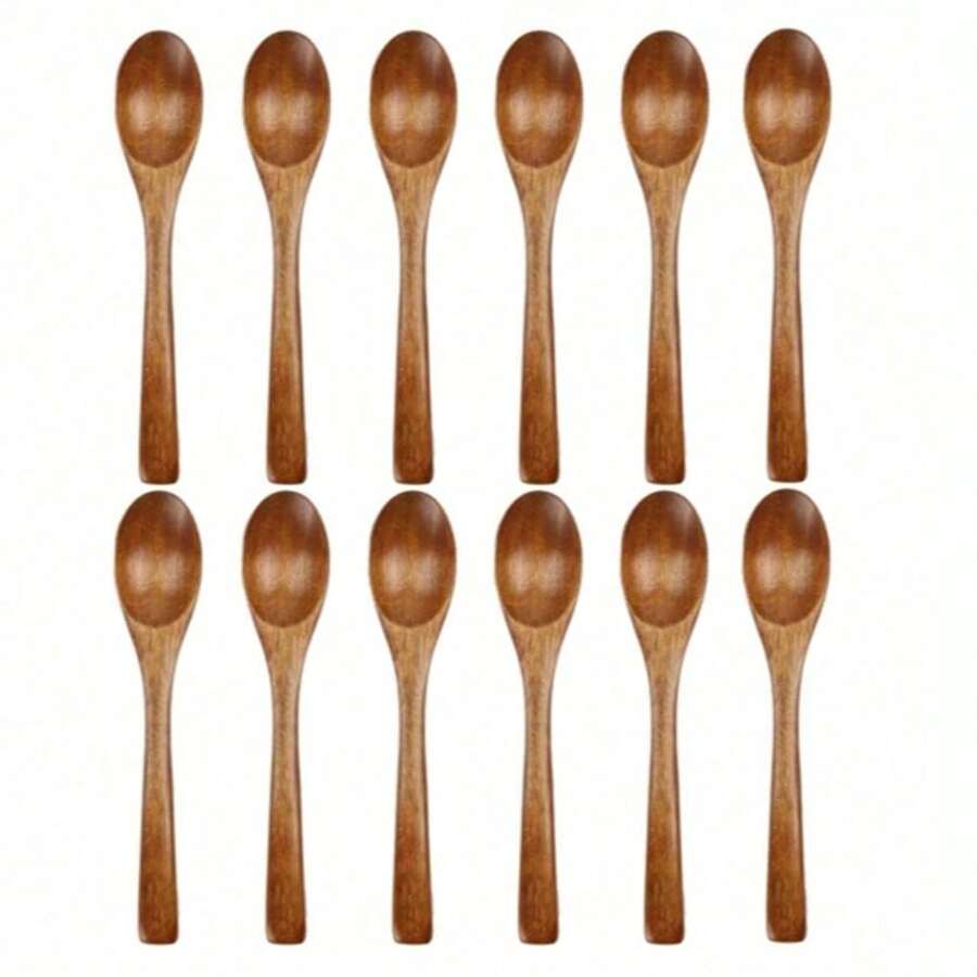 FFXK 12Pcs Wood Soup Spoons Long Handle Coffee Milk Teaspoon Sugar Spice Condiment Scoops Kitchen Tableware Tools Wooden Spoon