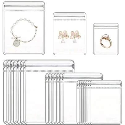 10/20/40/60 piezas Bolsas de joyería de PVC transparente grueso de 3 tamaños, bolsas de plástico transparente para anillos, aretes, empaque y almacenamiento, a prueba de oxidación con cierre de cremallera, regalos para mujeres y esposas que guardan joyas (Transparente, 3 tamaños surtidos)