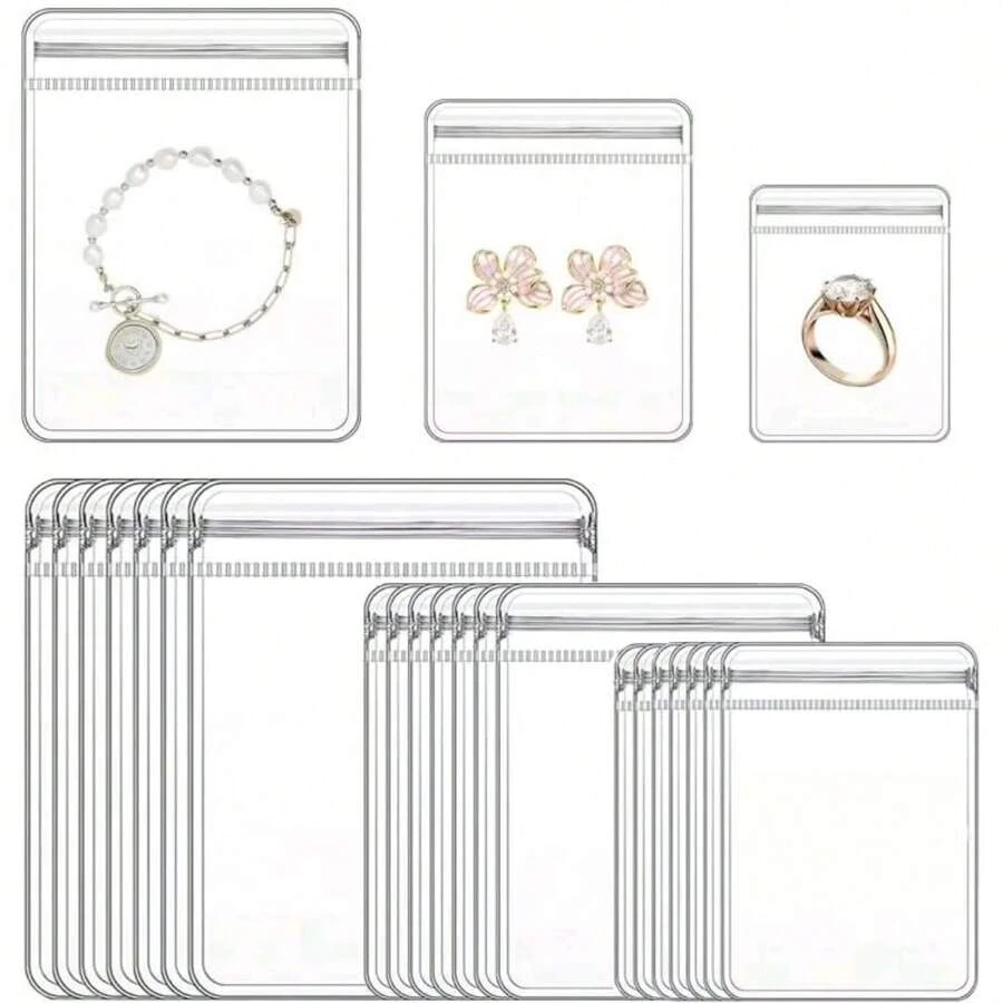 10/20/40/60个装 3种尺寸 加厚透明PVC首饰袋 塑料透明首饰袋 戒指耳环包装收纳袋 防氧化拉链袋 送给女性妻子的礼物 首饰收纳袋(透明,3种尺寸混合装) - 白色 - 查看 1