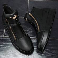 Casual Leather Ankle Boots, High-Top Shoes, Sneakers With Metal Eyelets, Side Zipper, For Daily Wear - Black - View 5
