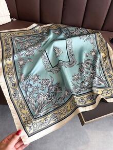 1pc Women's Luxury Floral Print Silk Satin Square Scarf, Fashion Versatile Headband And Bandana, Elegant Hair Scarf Or Shawl Wrap, Lightweight Neck Scarf For Tourism, Vacation, Daily Commuting, Leisure Outfits, And Chic Gift Accessories - 藍色 2 - 查看 2