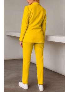 Elegante conjunto de traje liso de manga larga con cuello chal y doble botón para mujer, con bolsillos, para oficina y trabajo. - Amarillo - Ver 4