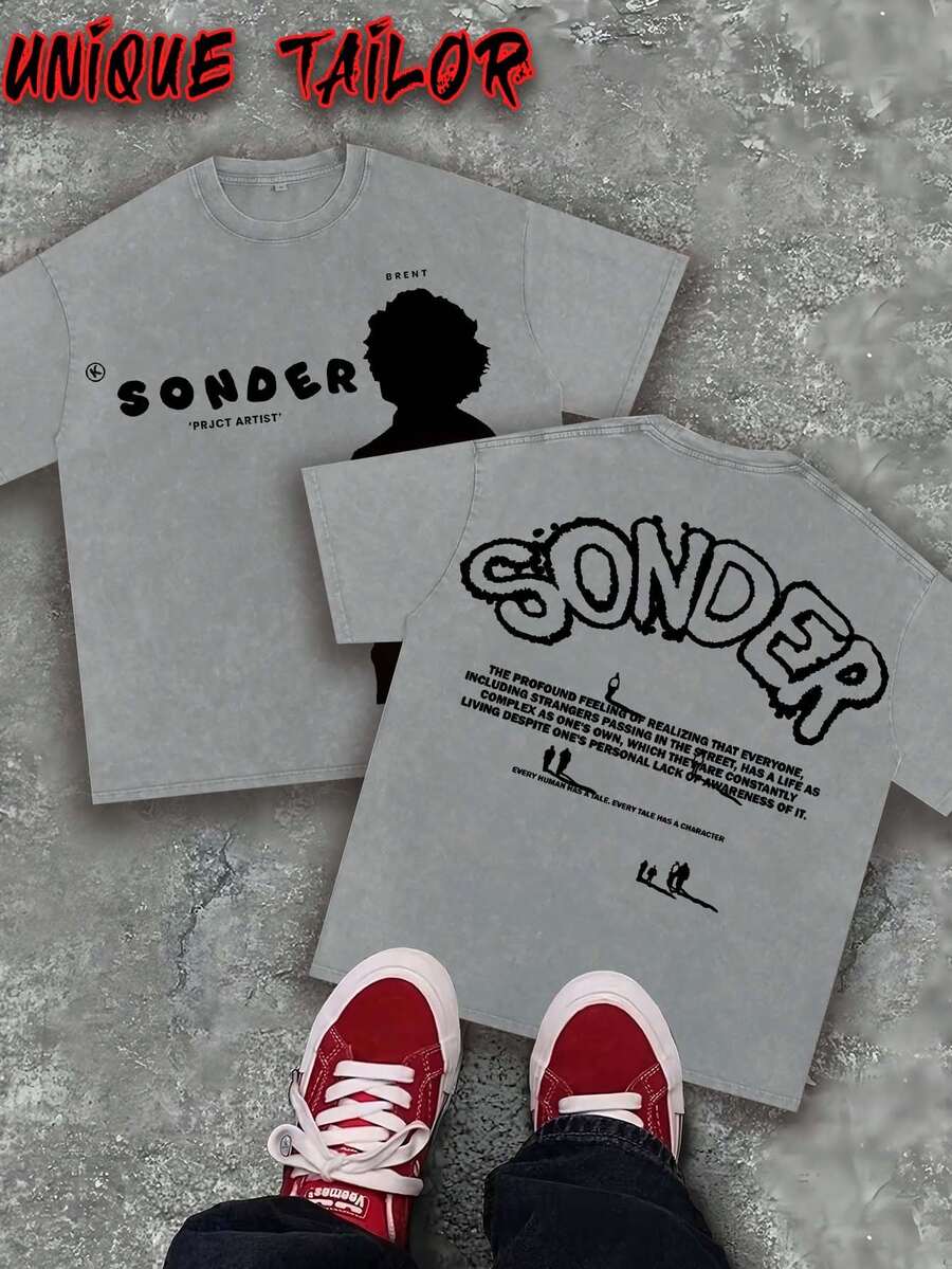 Unique Tailor - (230g Pure Cotton) Men's Retro Pink Text "SONDER" Figure Thinking Pattern Printed T-Shirt, Soft Washed Cotton Round Neck Top, Suitable For Casual - Machine Washed Daily Summer Essentials, Outdoor Clothing, Retro Style, Breathable Fabric, Short Sleeved T-Shirt, Y2K Style - Xám - Xem 1