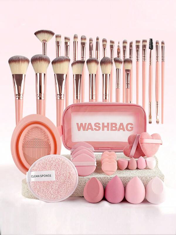 46pcs Makeup Brush Set, Mixed Makeup Beauty Tools, Including Makeup Brushes, Makeup Bag Beauty Eggs Powder Puffs Mini Beauty Eggs Mini Finger Powder Puffs Headband Wristbands Cleaning Tool