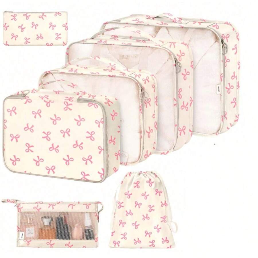 7pcs/Set Travel Packing Cubes, Large Capacity Zipper Organizer Bags, Hand-Held Travel Tote, Storage Bags, Mesh Bags, Cosmetic Pouch, Shoe Bag, Bottle Cover, Drawstring Bags, Regular Pouches, Luggage Bag, Underwear Organizer, Hospital Bag, Shirt, Underwear, Clothes, Cosmetics, Toiletries, Toothbrush And Toothpaste Waterproof Toiletry Kit,Boho Vibes - Multicolor - View 1