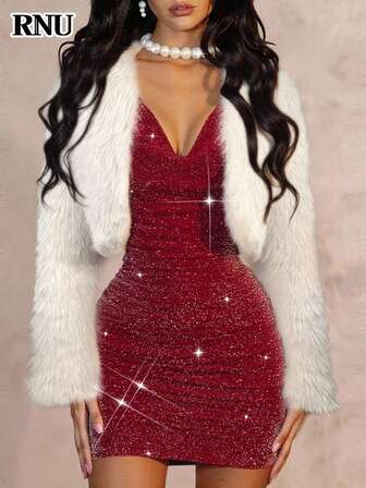 RNU RNU Red Women's Halter Draped Collar Cross-Strap /Simple High Neck Glitter Stretch Base Slim/Women Casual Club Business Casual Concert Outfit Office Outfits/High Elastic Bodycon Slim Fit Casual Daily /Valentine's Day /Birthday Dress /Halloween/Christmas/Nightclub Sexy Party/Street /Vacation/Travel /Date/Spring/Summer/Autumn/Winter Long Sleeves New Short Dress