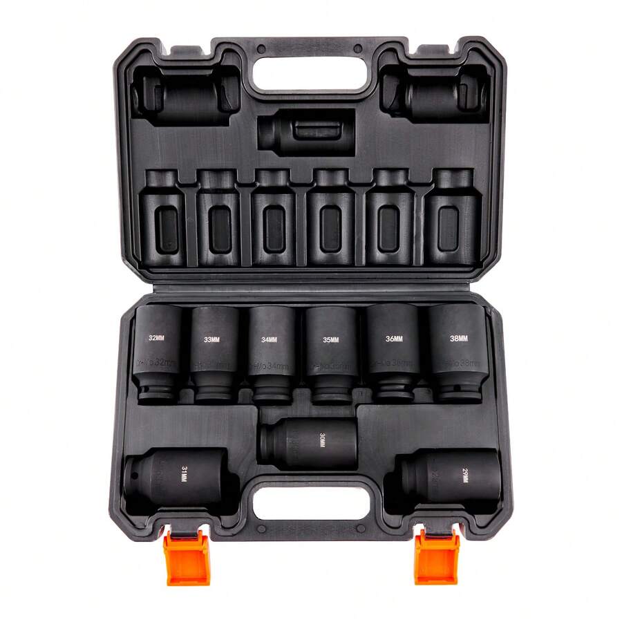1/2" Drive Impact Socket Set, 9 Piece, Metric 29-38mm, 6 Point, Cr-Mo Alloy Steel For Auto Repair, Easy-To-Read Size Markings, Heavy Duty Construction, Includes Case. - 9 piezas - 查看 1