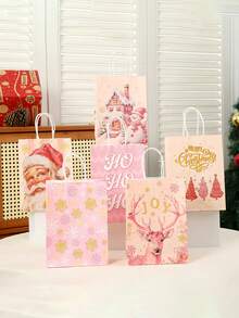 8pcs Christmas Gift Bags, Bulk Pink Paper Bags With Handle Birthday Bags, Paper Present Bag For Party Birthday Wrapping Xmas Holiday Presents, Room Decor, Home Decor, Offices Decor, Theme Party Decor, Christmas Decor, Christmas Gift Bags Christmas Decorations Winter