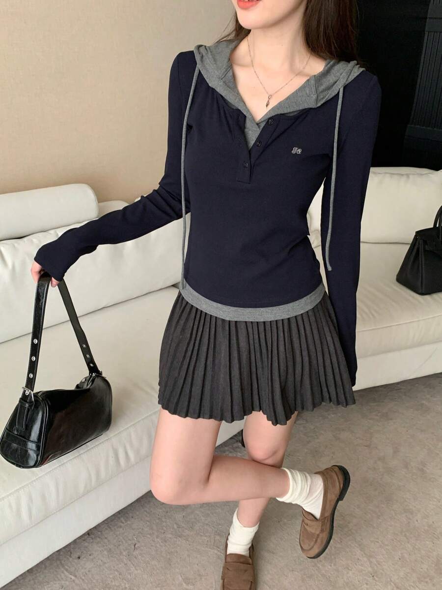 女士二合一连帽长袖T恤，高领，刺绣装饰，修身版型，2025秋季款 - 寶藍色 - 查看 1