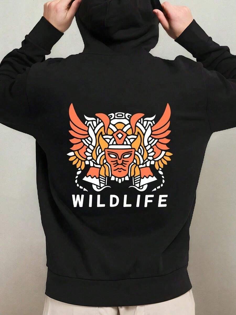 1pc Men'S & Women'S Vintage Wild Boo Graphic Hooded Sweatshirt - Black With Orange & White Print, Funny Scary Face Design, Comfortable Polyester Streetwear Pullover For Halloween & Casual Winter W,Fall Hoodies,Men's Fall Clothes,Street Wear,Halloween,Mens Hoodies,Y2k Clothes,Jesus Hoodie,Thanksgiving Day,Nightmare Before Christmas,Christmas - 黑色 - 查看 1