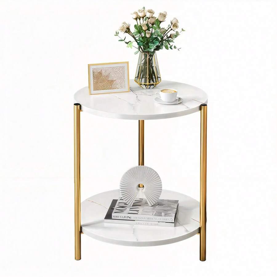 LOVEWE Double-Tier Round Side Table, Minimalist Sofa Table & Coffee Table, Dual-Purpose Indoor/Outdoor Decorative Table Double-Layer Metal Reinforcement, Easy Assembly Suitable For Indoor/Outdoor Decor, Daily Use In Bedrooms And Living Rooms, Bedroom Furniture, Indoor Outdoor Table, Sleek Furniture, Modern Decor, Sturdy Table, Multipurpose Table, Accent Table, Small Space Solutions - 白色 - 查看 1
