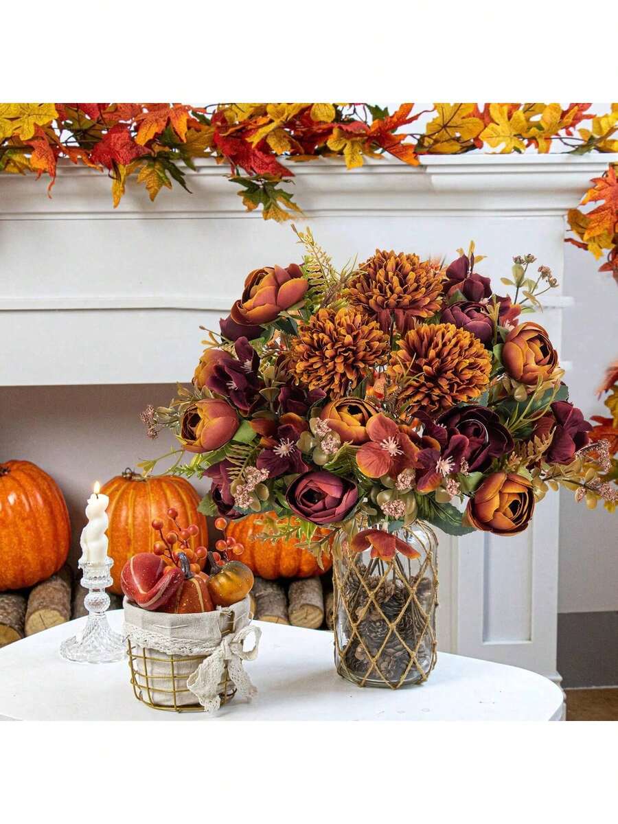 1/3/80pcs Romantic Silk Peony Hydrangea Bouquet Artificial Flower Centerpiece, Wedding Bridal Bouquet Artificial Flower Handheld Flower Arrangement, Family Office Room Festival Decoration, Birthday Gift, Valentine's Day Bouquet - Orange - View 1