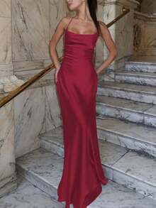 Women Summer Solid Backless Lace Up Satin Long Dress Bodycon Sexy Slim Elegant Party Dress Prom Evening Clothes