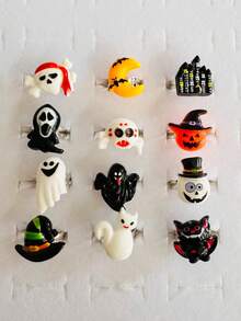 24 szt./pudełko, 24 szt. w kształcie serca, 24 szt. luzem, 12 szt. luzem zestaw pierścionków dekoracyjnych na Halloween, lampion z dyni, kapelusz czarownicy, duchy i inne dekoracje z żywicy, delikatna biżuteria na palec "cukierek albo psikus"