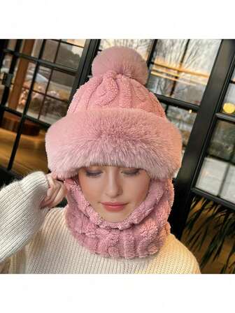 1pc/Set Outdoor Bicycle Ski Winter Warm Hat (With Pompoms), Solid Color Thickened Plush Strap, Wind Mask, Wind Ski Hat, Wind Ear Protection, Winter Bicycle Ski Hat, Women's Outdoor Sports And Hood [Picture And Object Slightly Color Difference]