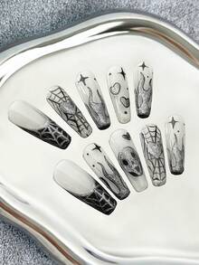 Sarg-Nägel im französischen Stil, handgefertigte Aufklebe-Nägel mit mehrfarbigem Katzenaugen-Farbverlauf, handbemalte Halloween-Elemente (Spinnen, Skelette, Flammen) & Y2K-inspirierte farbkontrastreiche kreative Designs - Komplettabdeckung künstliche glänzende Kunstnägel für Partys, Halloween-Events, festliche Anlässe & thematische Veranstaltungen - 10 Stücke/Tüte