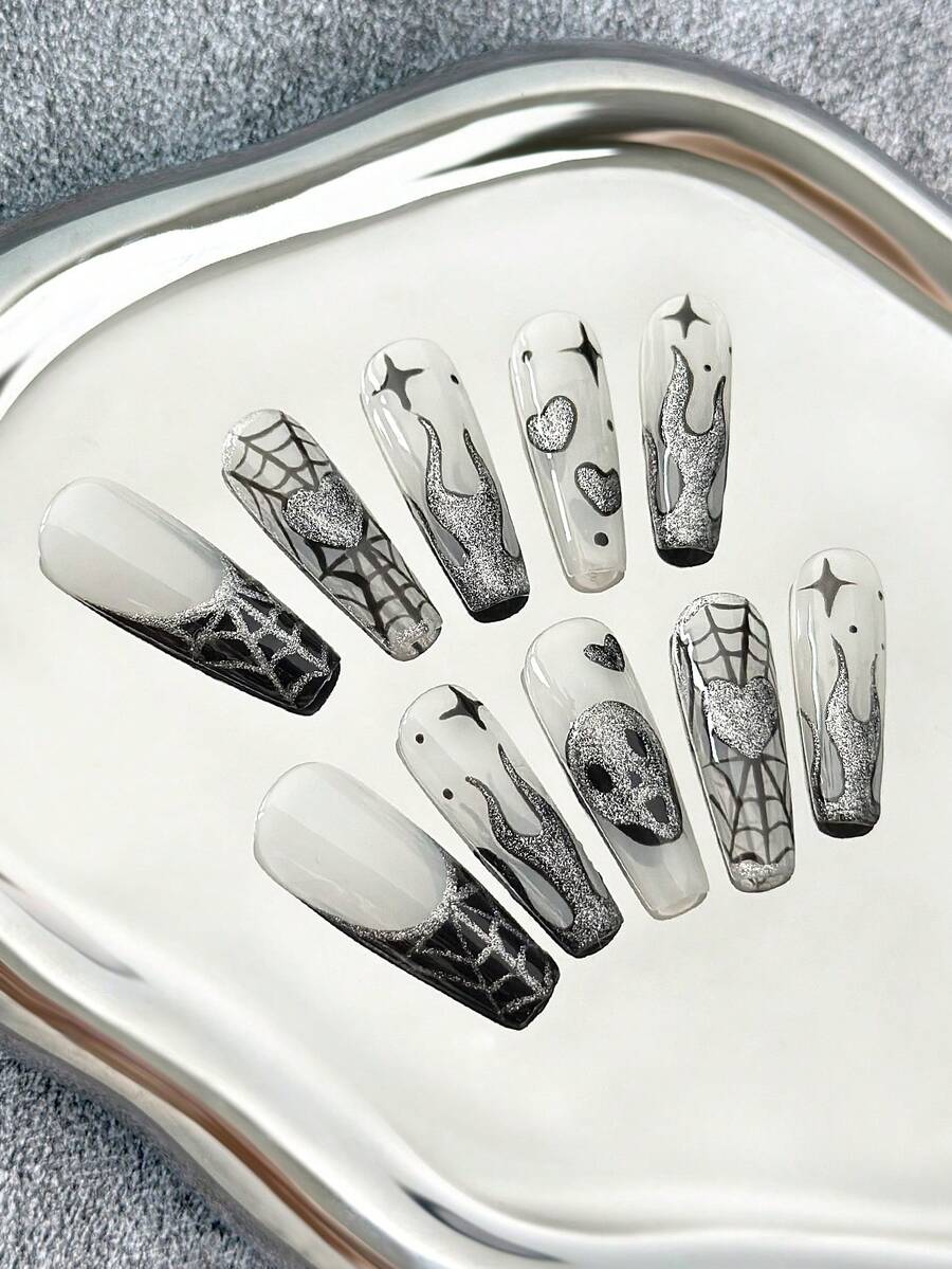 Sarg-Nägel im französischen Stil, handgefertigte Aufklebe-Nägel mit mehrfarbigem Katzenaugen-Farbverlauf, handbemalte Halloween-Elemente (Spinnen, Skelette, Flammen) & Y2K-inspirierte farbkontrastreiche kreative Designs - Komplettabdeckung künstliche glänzende Kunstnägel für Partys, Halloween-Events, festliche Anlässe & thematische Veranstaltungen - 10 Stücke/Tüte