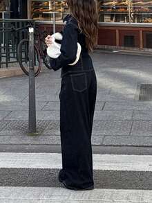 2pcs/Set Women's Casual Dark Washed Denim Top And Bottom Set, Fashionable European Style - Dark Wash - View 10