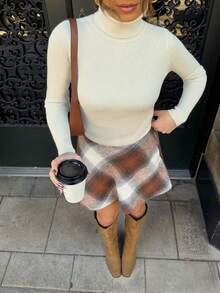 Ladies Spring Autumn Solid Off White Stretch Turtleneck Fitted Soft Knit Daily Top - Apricot - View 3