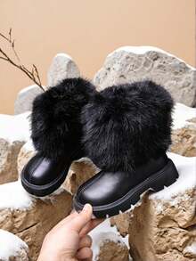 1 双女童中筒靴，时尚拉链设计，防滑橡胶软底，保暖毛皮衬里，柔软 PU，厚底，加高，适合表演、滑雪、打雪仗、幼儿和小女孩鞋，2025 年冬季新品