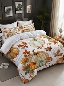 3pcs Watercolor Style Autumn Feast Print Duvet Cover Set (1*Duvet Cover + 2*Pillowcase, Without Core), Vintage Warm, Interwoven With Pumpkin And Autumn Leaves, Soothing Visual Fatigue, Suitable For All Seasons, Suitable For Hotel, Bedroom, Guest Room And Dormitory Decoration Bedding