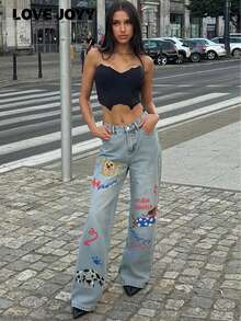 LOVE JOYY 女款 Y2K 休闲可爱卡通小狗印花宽松阔腿牛仔裤 - 藍色 - 查看 1