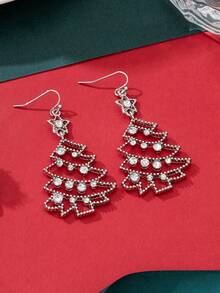 1 Pair Personalized Fashion Christmas Tree Hollow Design Rhinestone Earrings With Star Decoration, Silver Color, Suitable For Women's Daily Wear, Christmas Party And Gift For Family, Wife, Girlfriend, Friend, Christmas Jewelry Gift - Silver - View 4