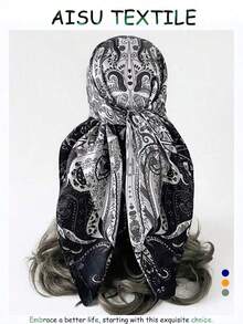 1pc Women's 90cm Paisley Printed Bandana, Simulated Silk Headband, Large Square Scarf, Versatile Hair Band And Headband, Fashion Neck Wrap, Ideal For Dressing Up Your Look, Casual Or Elegant Outfits, Daily Wear, Travel, And Chic Gift Idea - 黑色 - 查看 8