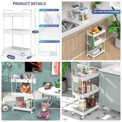 Slim Storage Trolley, 3 Tier Rolling Cart Storage Organizer, Utility Rolling Cart With Handle Hanging Cups Dividers Office Bathroom Kitchen Laundry Ro